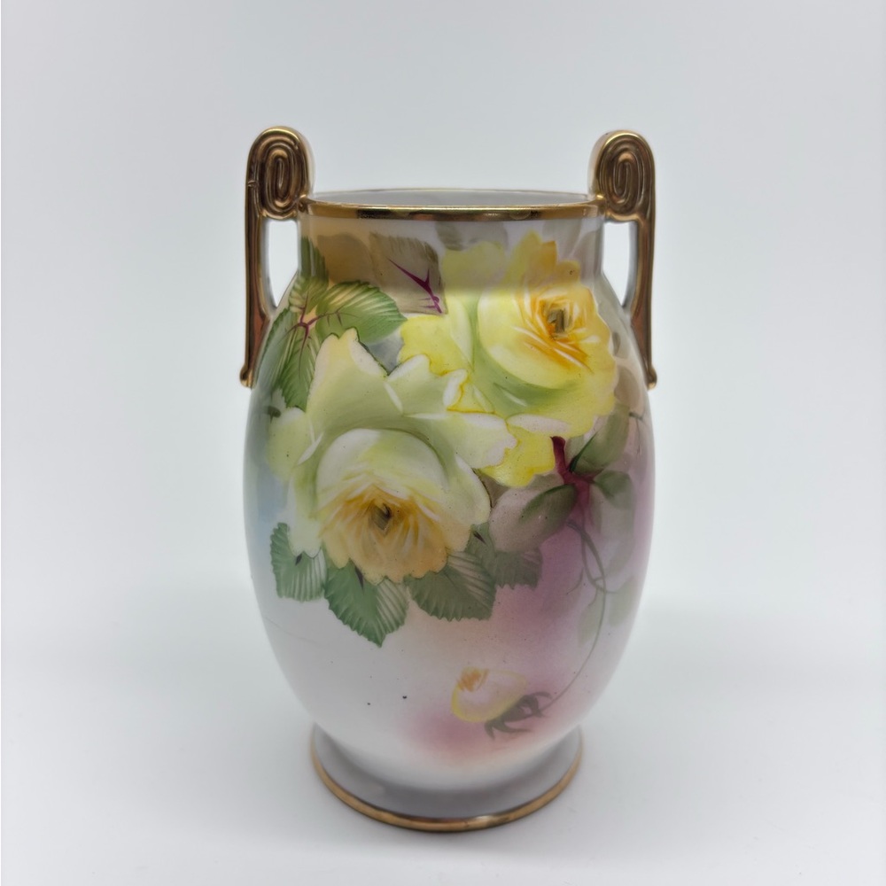 Nippon Noritake Morimura Floral Hand Painted Double Handle Vase Urn 6.5”